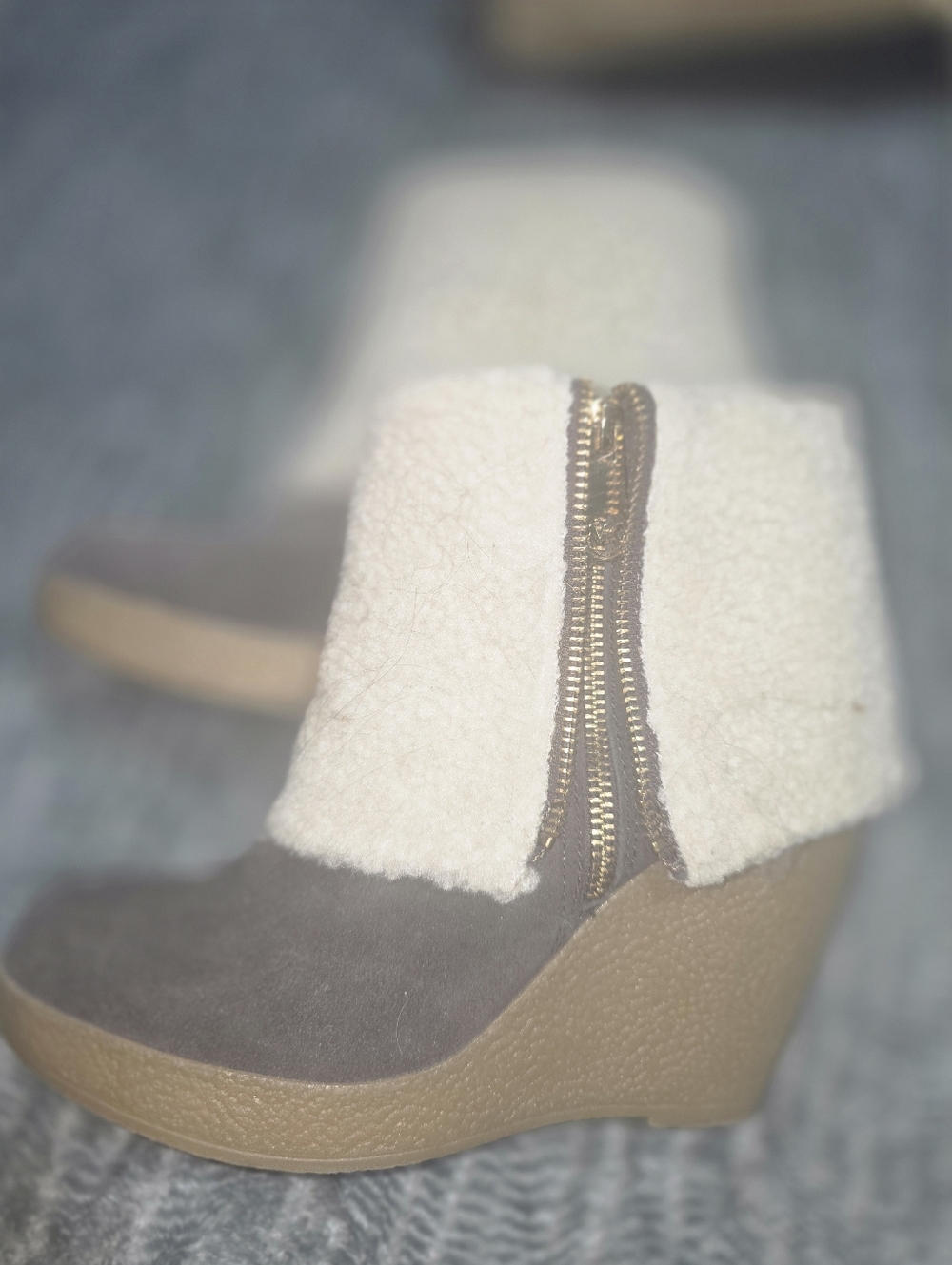 Michael Kors Taupe Wedge Booties with Cream Shearling Cuff